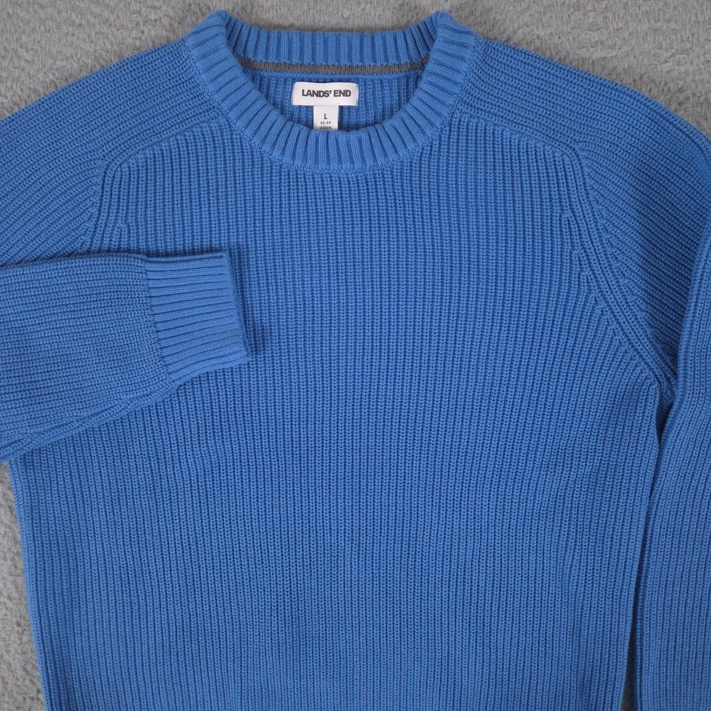 Lands End Sweater Men Large 42-44 Blue Cotton Drifter Saddle Crewneck Shaker NEW